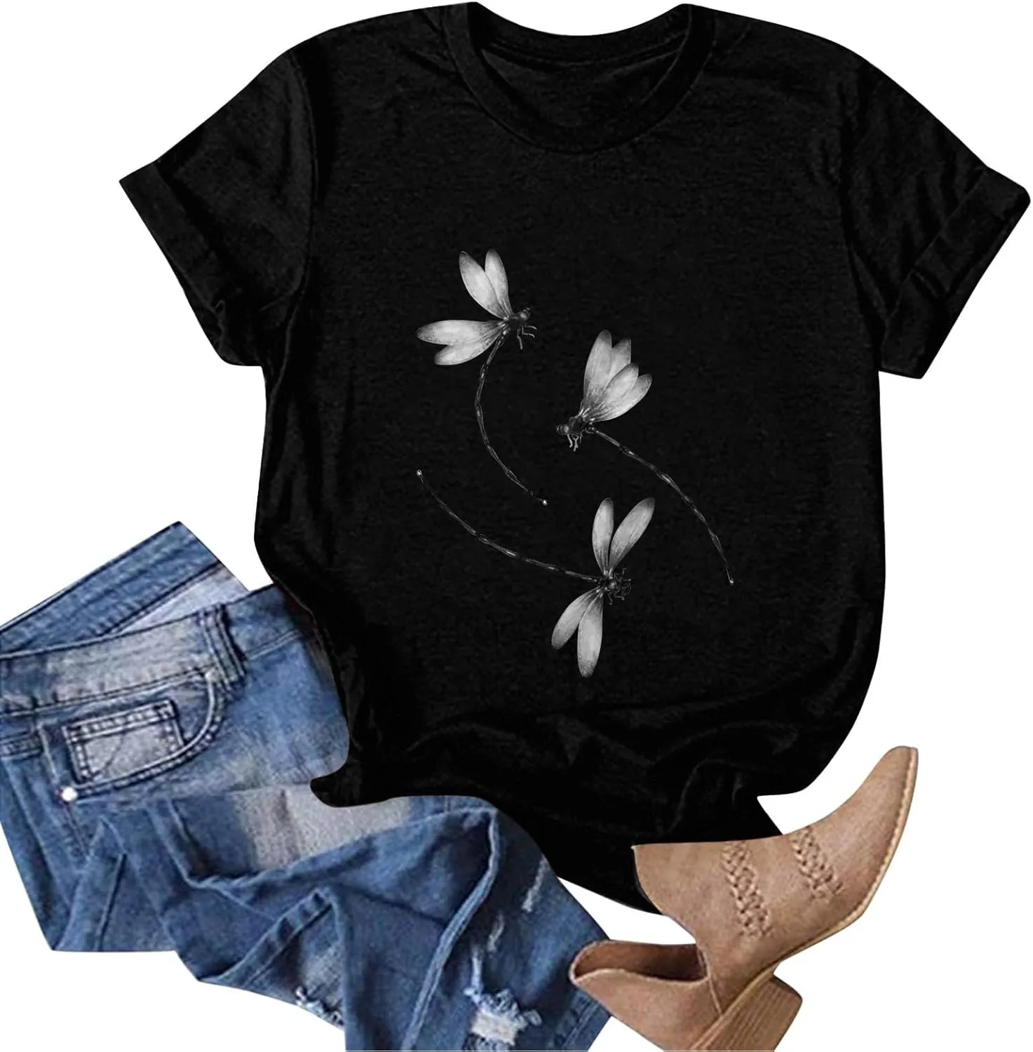 Womens Dragonfly Graphic Tees Crewneck Short Sleeve Casual Tops Cute Summer T-Shirt