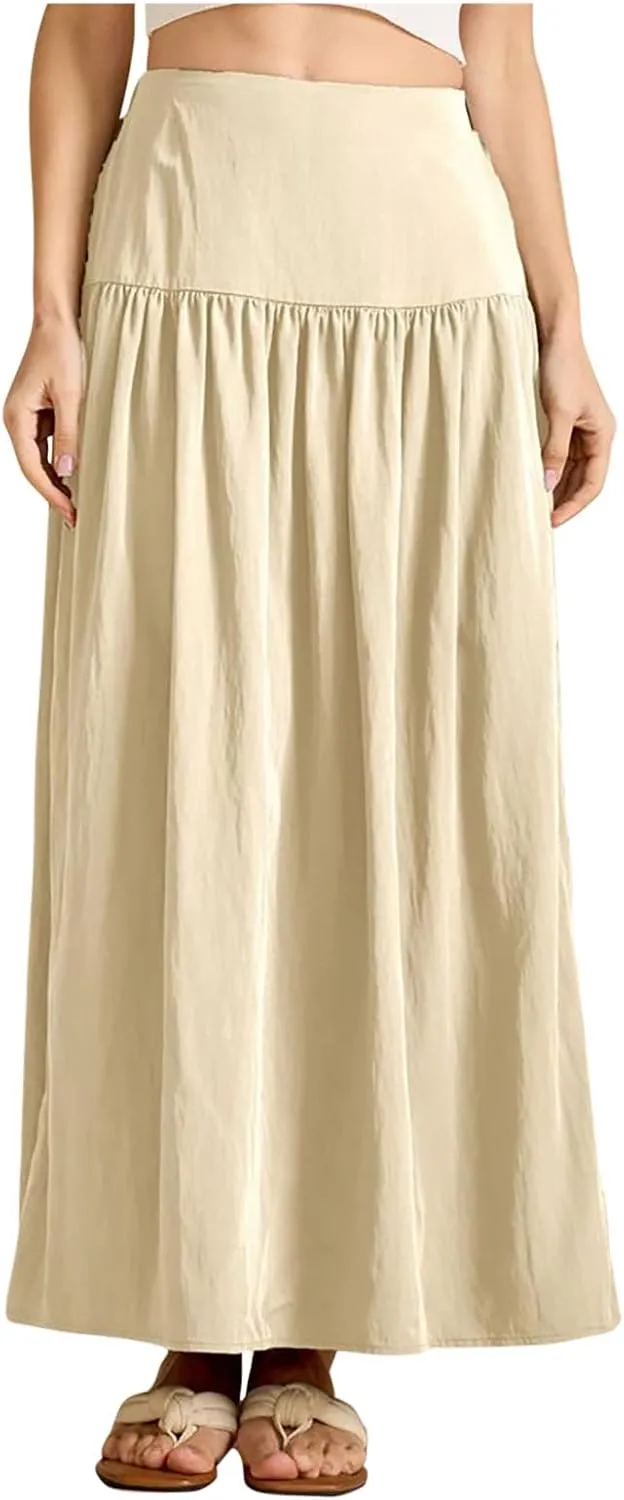 Women's Elastic High Waisted Skirts Summer Pleated Boho Maxi Long Skirts Casual Trendy Flowy Swing A-line Midi Skirt