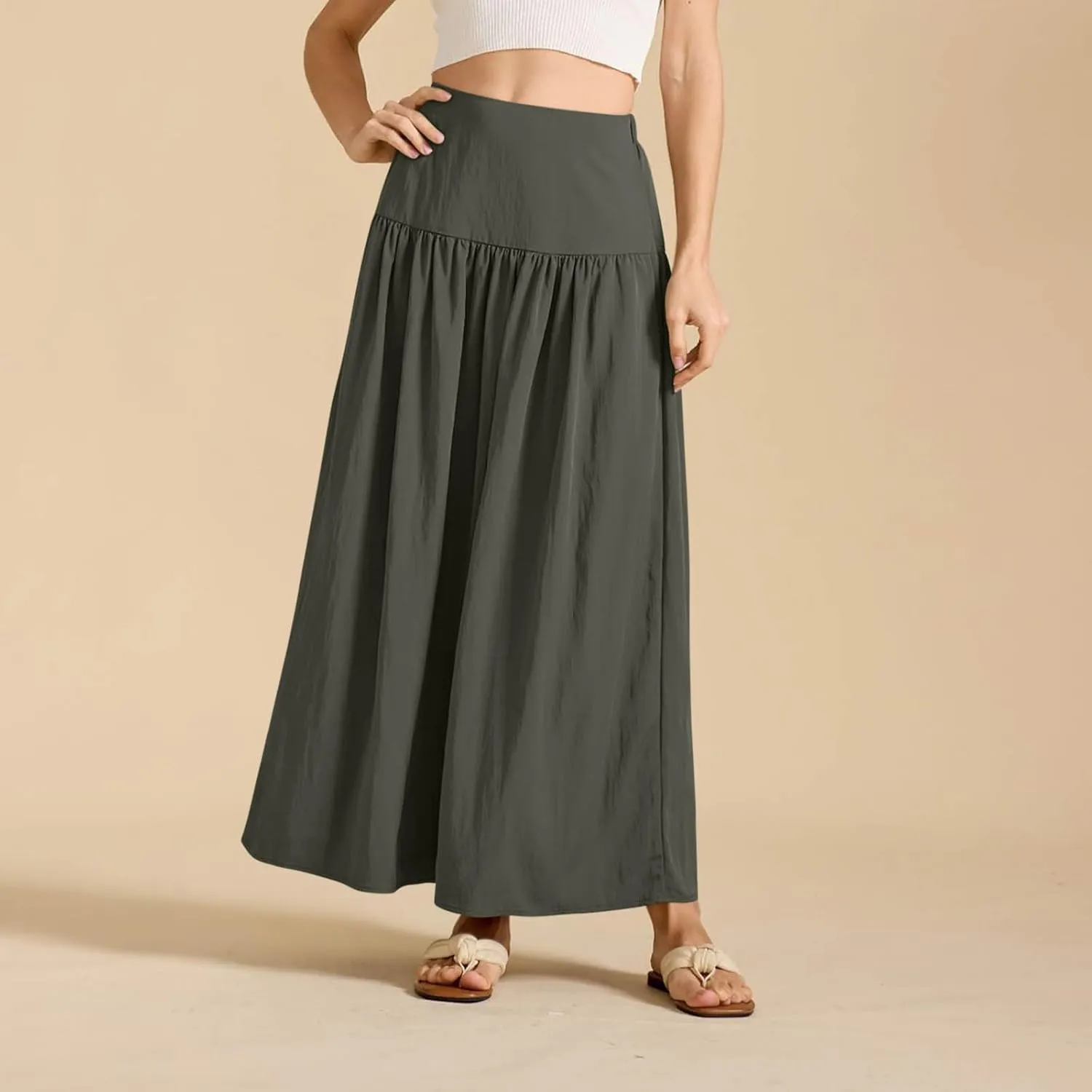 Women's Elastic High Waisted Skirts Summer Pleated Boho Maxi Long Skirts Casual Trendy Flowy Swing A-line Midi Skirt