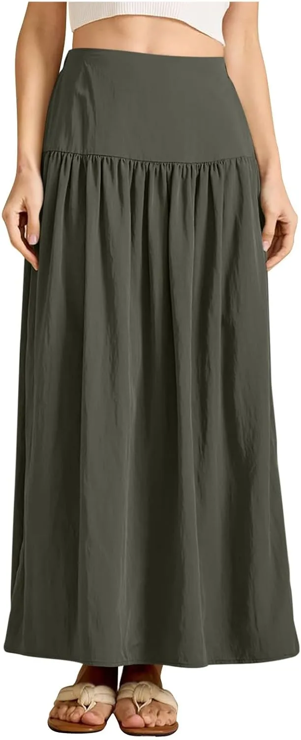 Women's Elastic High Waisted Skirts Summer Pleated Boho Maxi Long Skirts Casual Trendy Flowy Swing A-line Midi Skirt