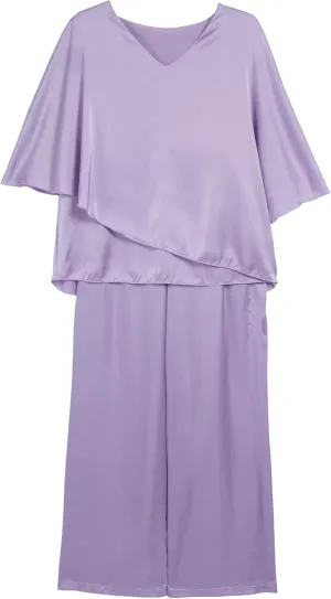 Womens Elegant Chiffon 2 Piece Outfits Half Sleeve V Neck Blouse Wide Leg Pants for Mother Wedding Guest Pant Suits