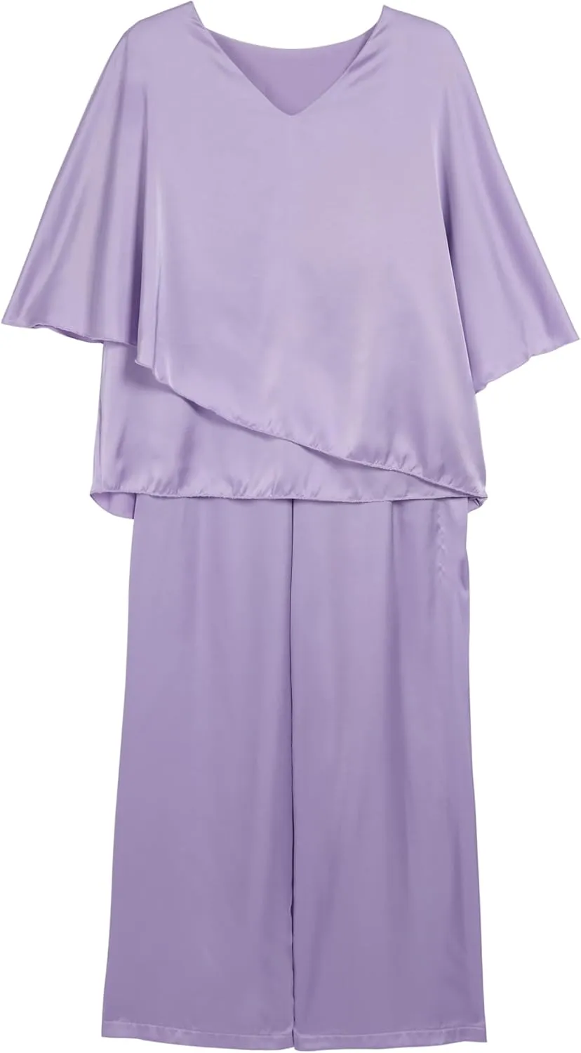 Womens Elegant Chiffon 2 Piece Outfits Half Sleeve V Neck Blouse Wide Leg Pants for Mother Wedding Guest Pant Suits