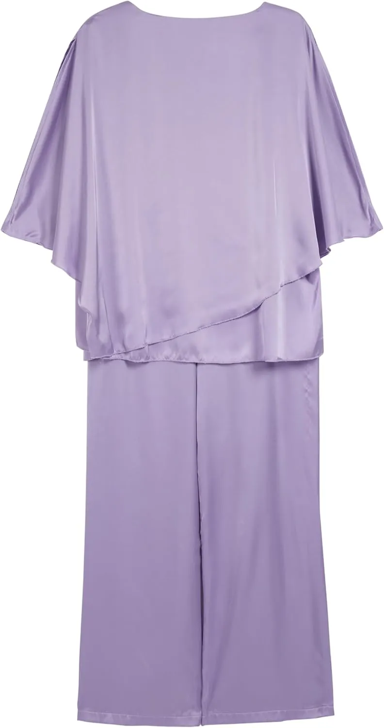 Womens Elegant Chiffon 2 Piece Outfits Half Sleeve V Neck Blouse Wide Leg Pants for Mother Wedding Guest Pant Suits