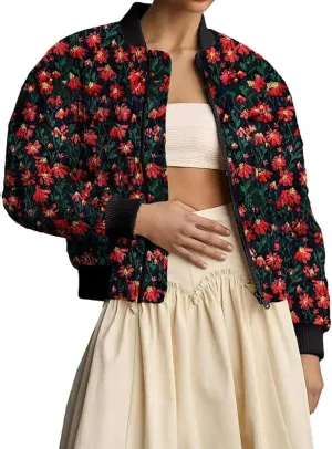 Women's Embroidered Daisy Cropped Bomber Jacket Zip Up Crop Floral Print Padded Coat Winter Warm Puffer Jacket