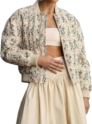 Women's Embroidered Daisy Cropped Bomber Jacket Zip Up Crop Floral Print Padded Coat Winter Warm Puffer Jacket