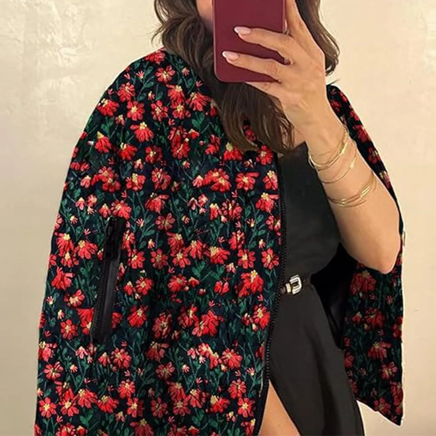 Women's Embroidered Daisy Cropped Bomber Jacket Zip Up Crop Floral Print Padded Coat Winter Warm Puffer Jacket