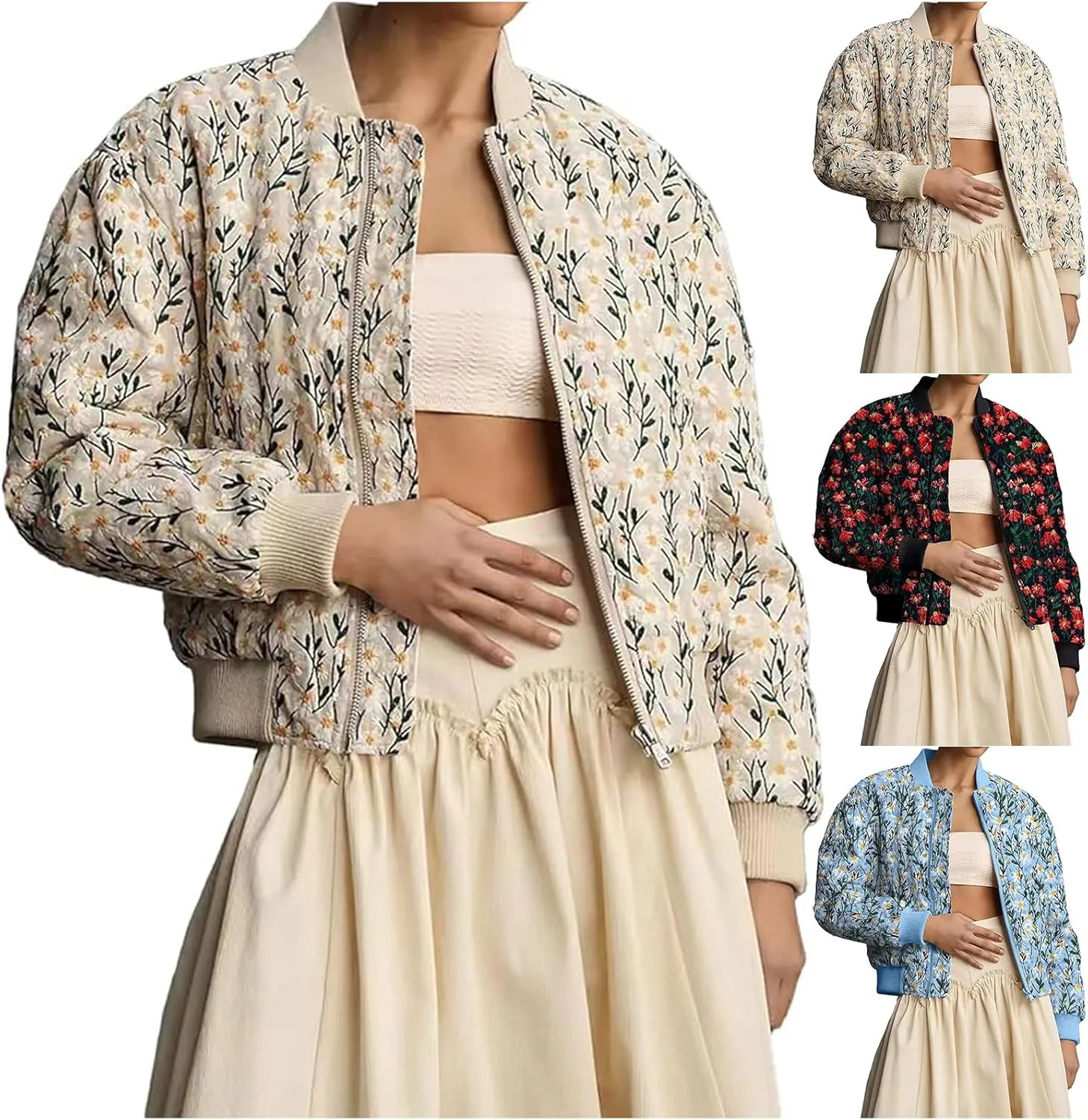 Women's Embroidered Daisy Cropped Bomber Jacket Zip Up Crop Floral Print Padded Coat Winter Warm Puffer Jacket
