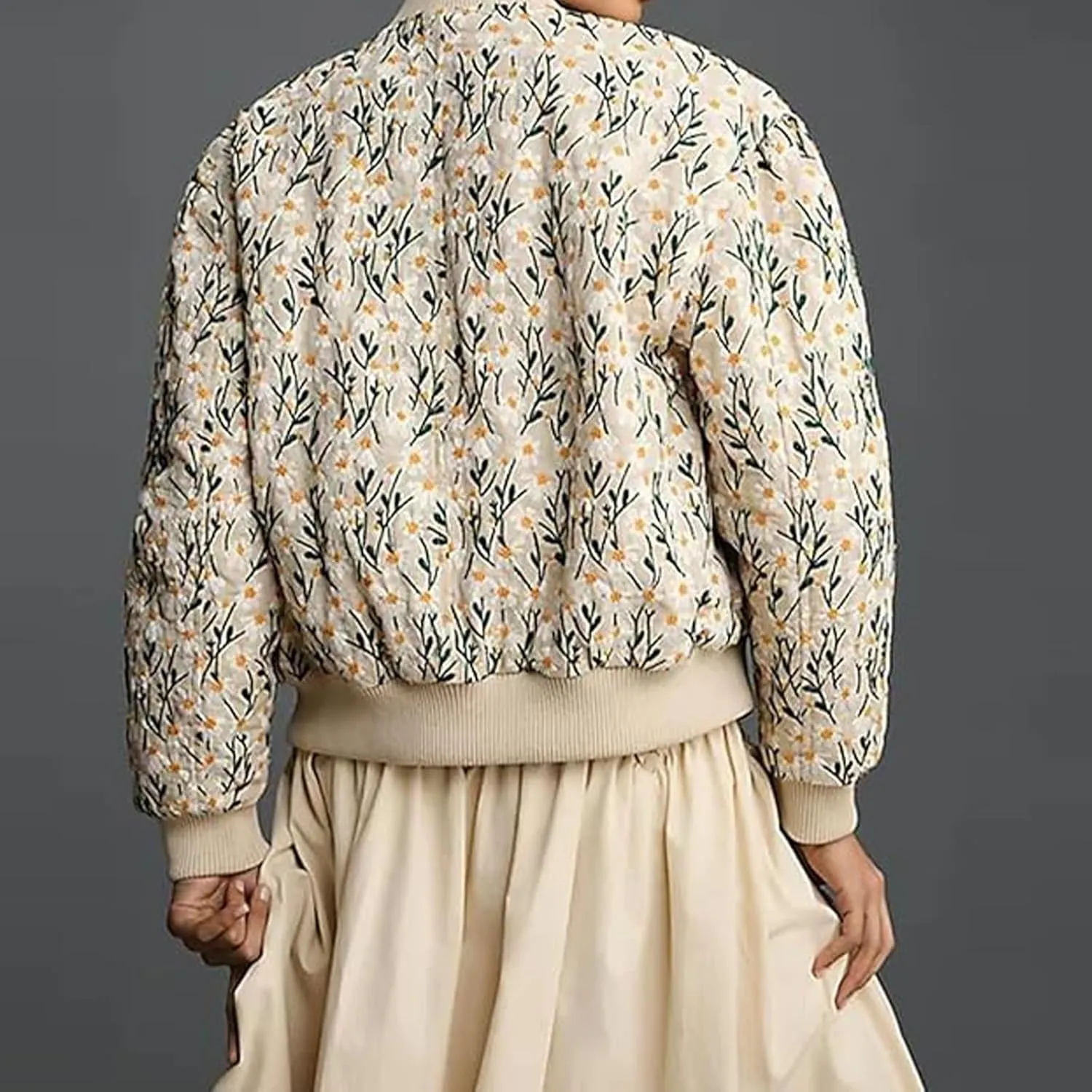 Women's Embroidered Daisy Cropped Bomber Jacket Zip Up Crop Floral Print Padded Coat Winter Warm Puffer Jacket