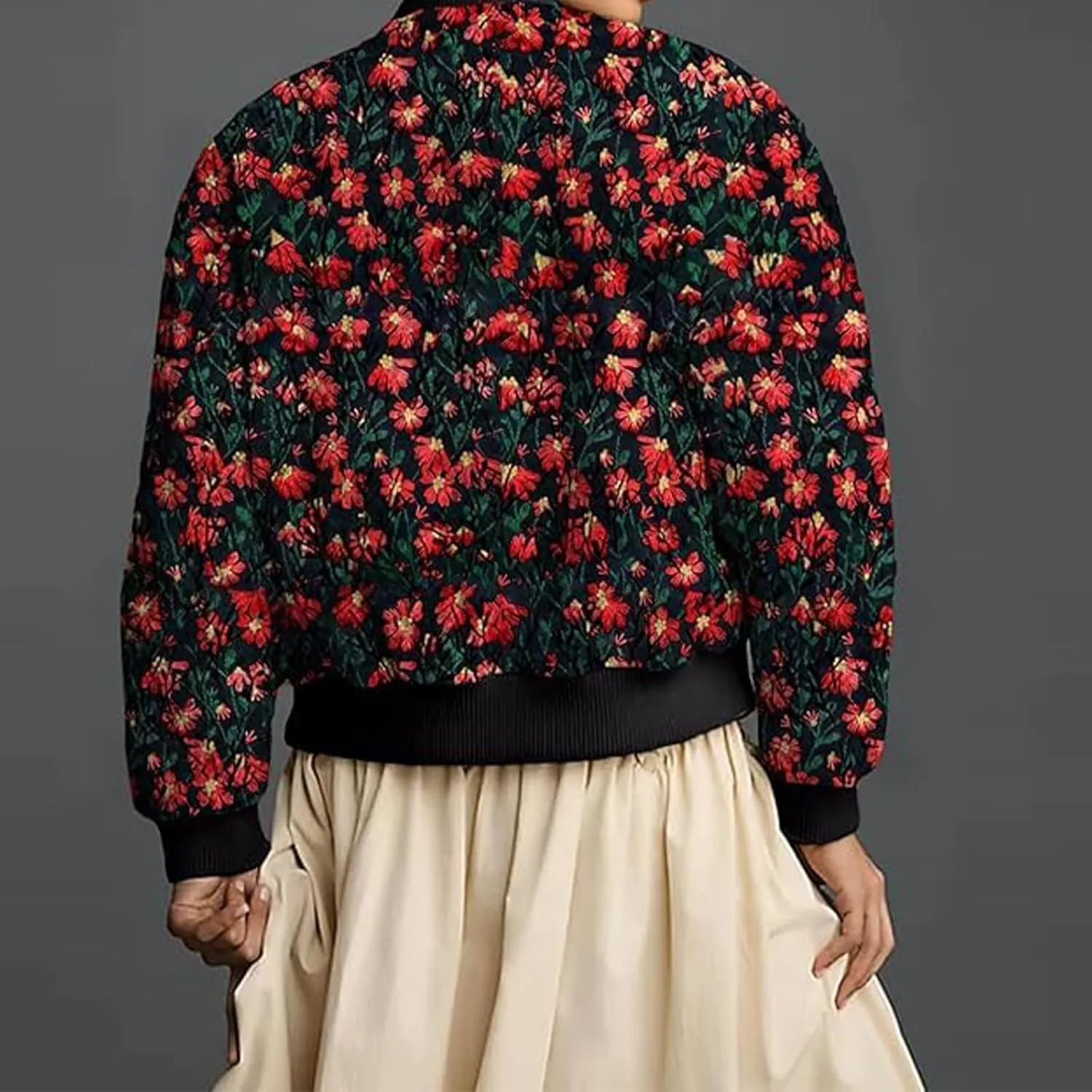 Women's Embroidered Daisy Cropped Bomber Jacket Zip Up Crop Floral Print Padded Coat Winter Warm Puffer Jacket