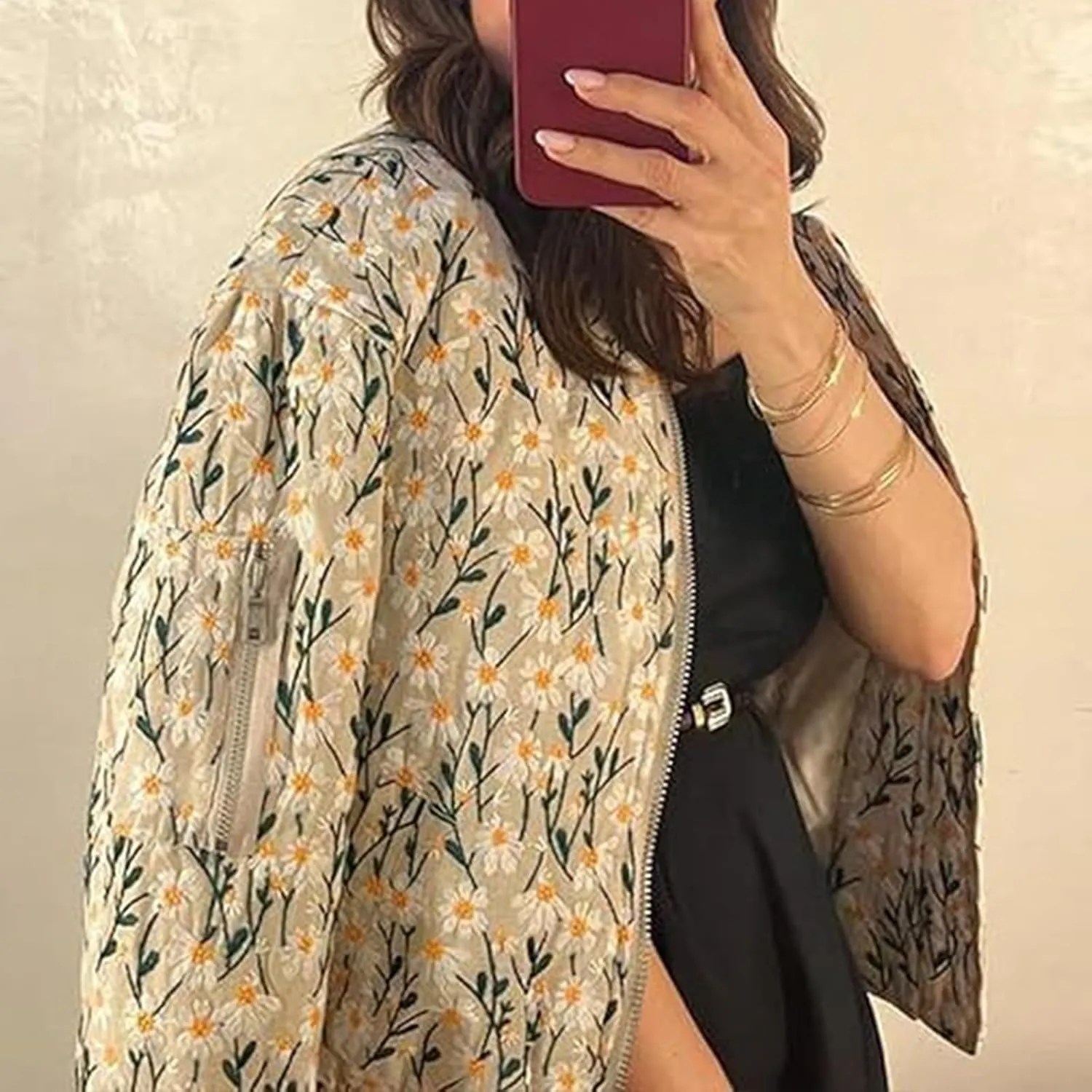 Women's Embroidered Daisy Cropped Bomber Jacket Zip Up Crop Floral Print Padded Coat Winter Warm Puffer Jacket