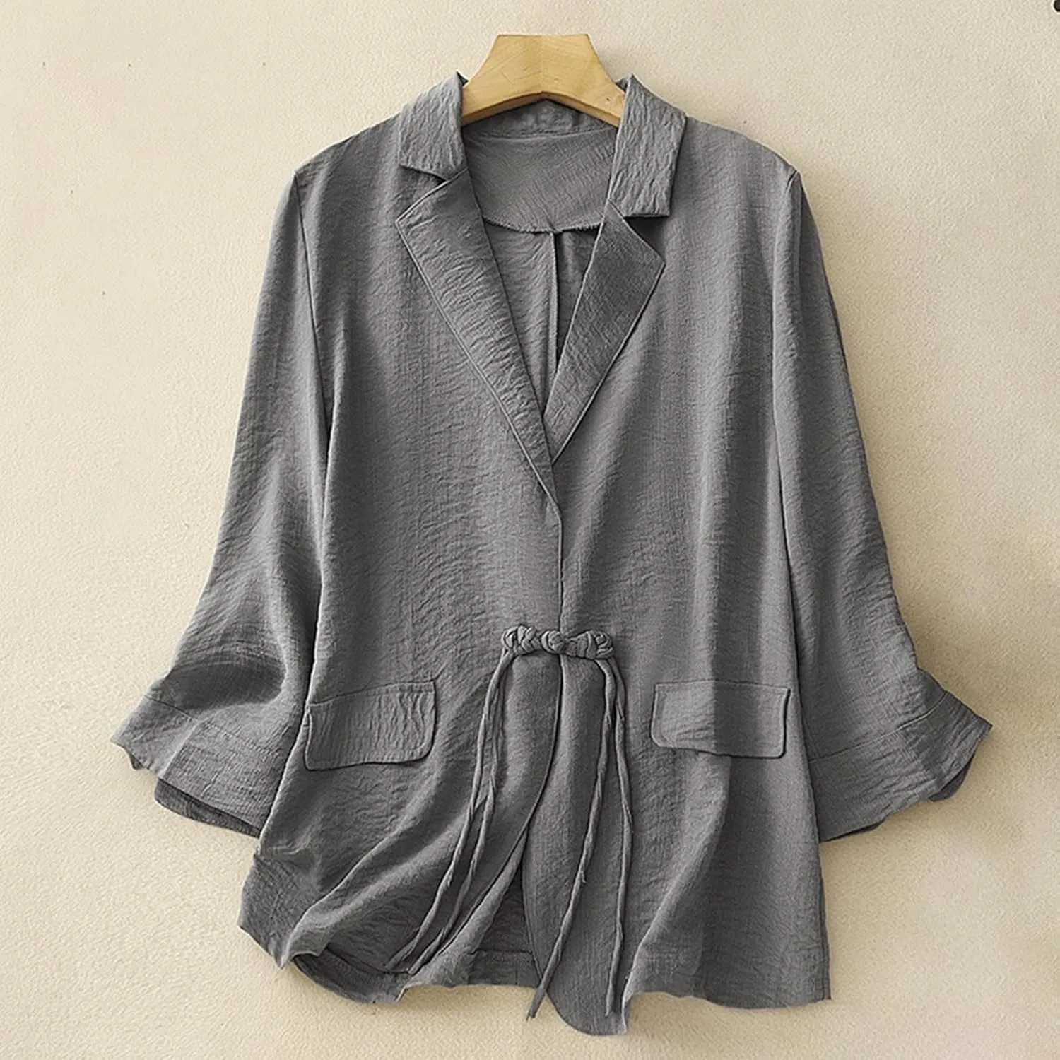 Women's Fall Casual Cotton Linen Blazers Lapel 3/4 Sleeve Open Front Lightweight Solid Color Jackets Coat with Pockets