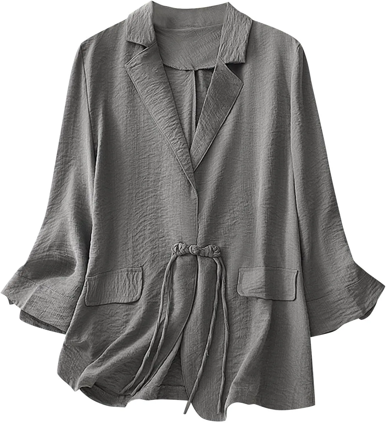 Women's Fall Casual Cotton Linen Blazers Lapel 3/4 Sleeve Open Front Lightweight Solid Color Jackets Coat with Pockets