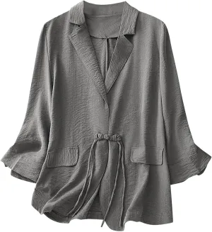 Women's Fall Casual Cotton Linen Blazers Lapel 3/4 Sleeve Open Front Lightweight Solid Color Jackets Coat with Pockets