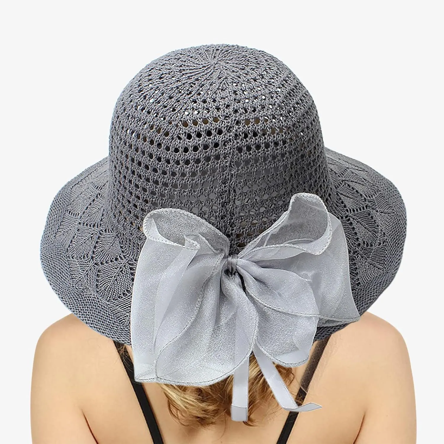 Womens Knit Wide Brim Sun Hat Cloche Bucket Hat Fishing Hat Beach Solid Color Foldable 2024 Summer Fashion Bow Caps