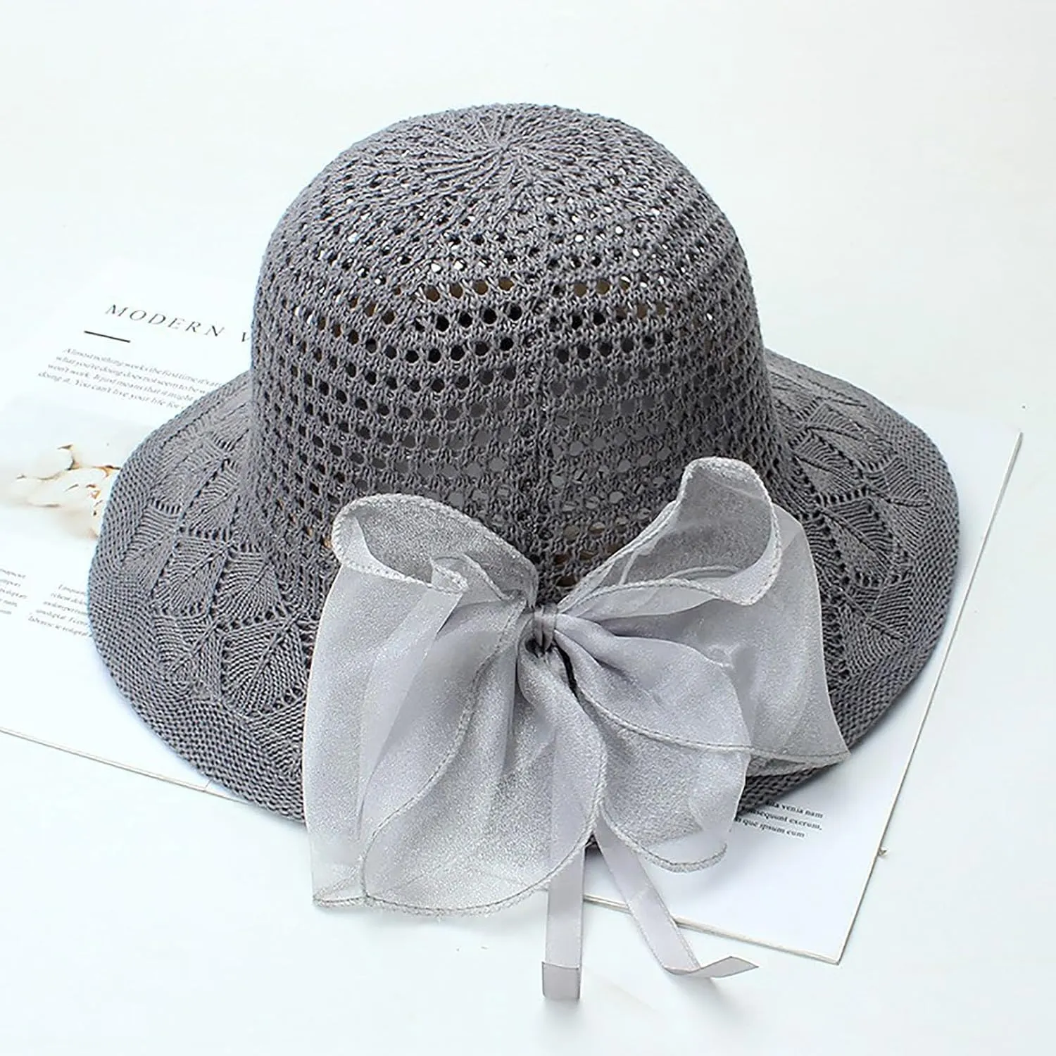 Womens Knit Wide Brim Sun Hat Cloche Bucket Hat Fishing Hat Beach Solid Color Foldable 2024 Summer Fashion Bow Caps