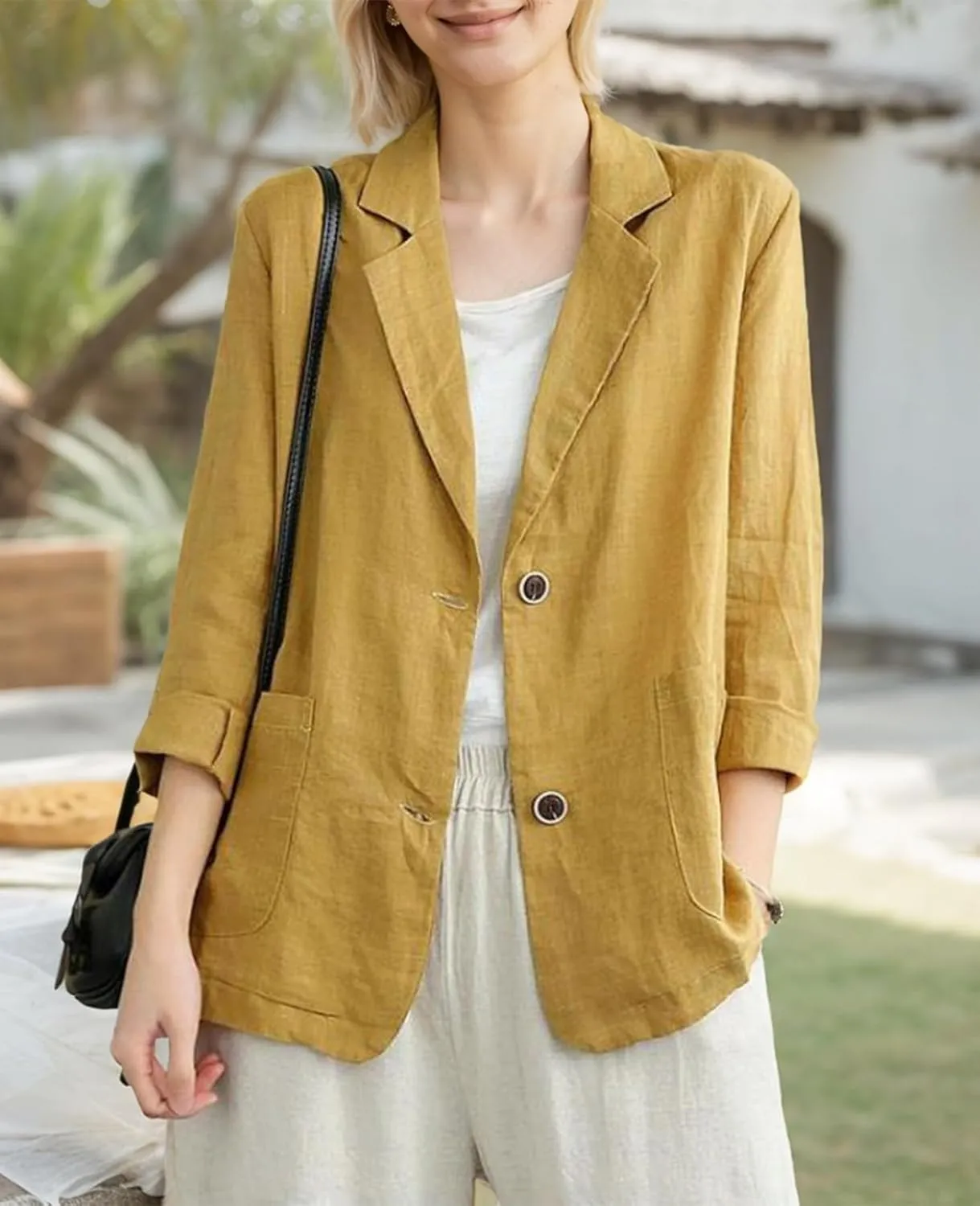 Womens Linen Blazer 3/4 Sleeve Notch Lapel Summer Casual Blazers Jackets with Pockets
