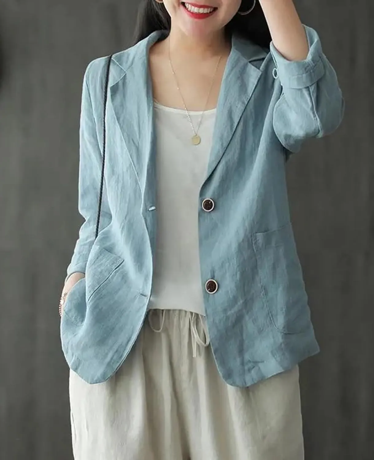 Womens Linen Blazer 3/4 Sleeve Notch Lapel Summer Casual Blazers Jackets with Pockets