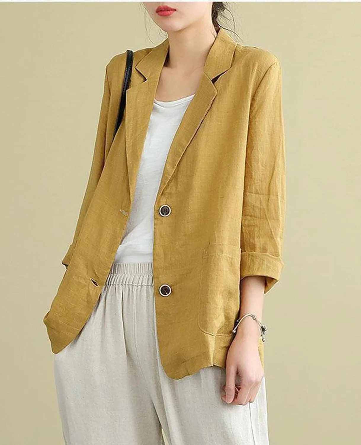 Womens Linen Blazer 3/4 Sleeve Notch Lapel Summer Casual Blazers Jackets with Pockets