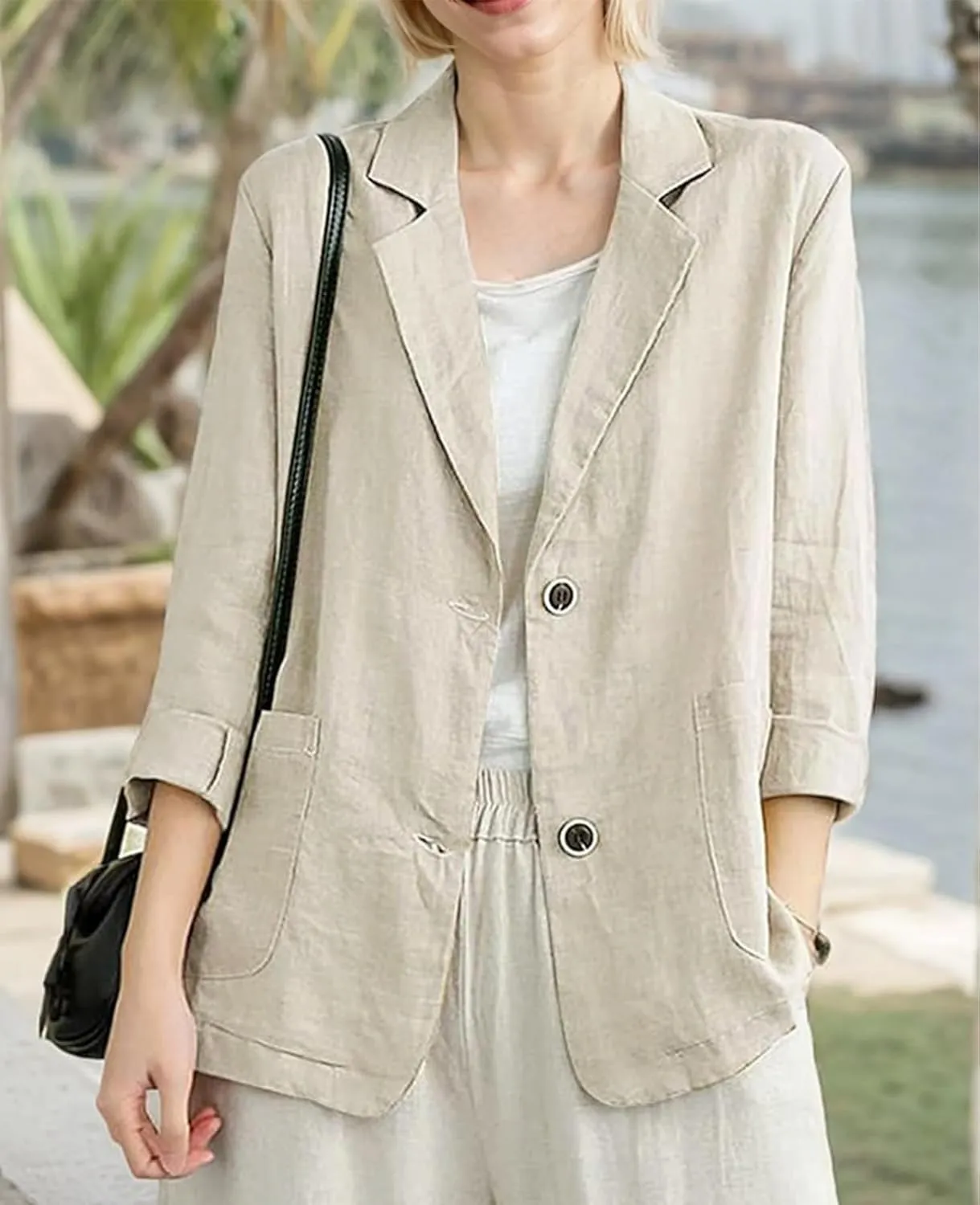 Womens Linen Blazer 3/4 Sleeve Notch Lapel Summer Casual Blazers Jackets with Pockets