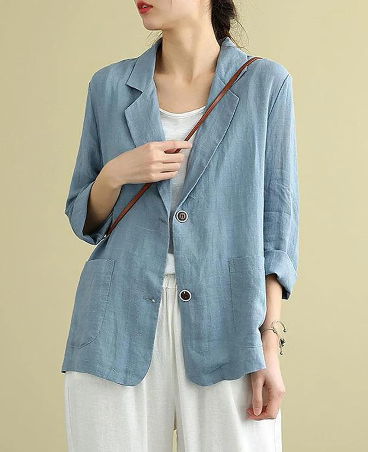 Womens Linen Blazer 3/4 Sleeve Notch Lapel Summer Casual Blazers Jackets with Pockets