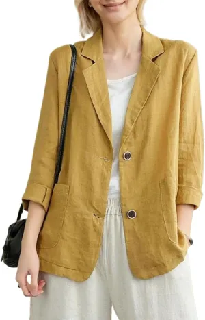 Womens Linen Blazer 3/4 Sleeve Notch Lapel Summer Casual Blazers Jackets with Pockets