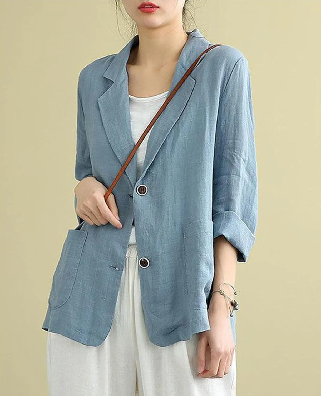 Womens Linen Blazer 3/4 Sleeve Notch Lapel Summer Casual Blazers Jackets with Pockets