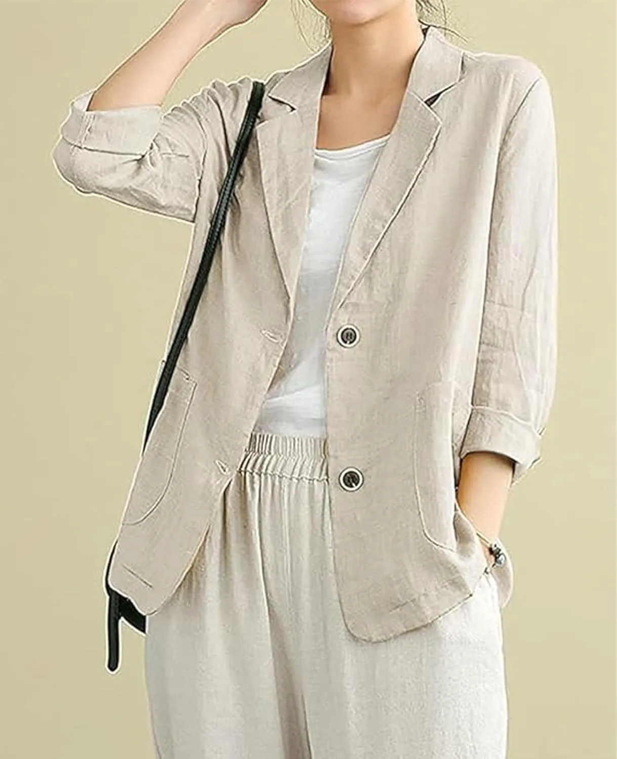 Womens Linen Blazer 3/4 Sleeve Notch Lapel Summer Casual Blazers Jackets with Pockets