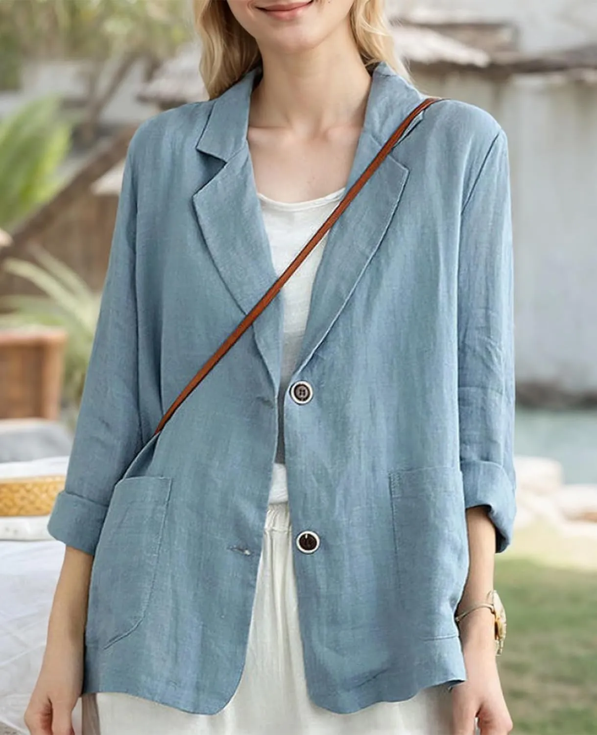 Womens Linen Blazer 3/4 Sleeve Notch Lapel Summer Casual Blazers Jackets with Pockets
