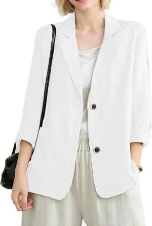 Womens Linen Blazer 3/4 Sleeve Notch Lapel Summer Casual Blazers Jackets with Pockets