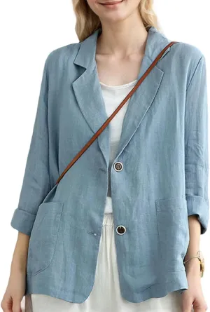 Womens Linen Blazer 3/4 Sleeve Notch Lapel Summer Casual Blazers Jackets with Pockets