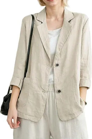 Womens Linen Blazer 3/4 Sleeve Notch Lapel Summer Casual Blazers Jackets with Pockets