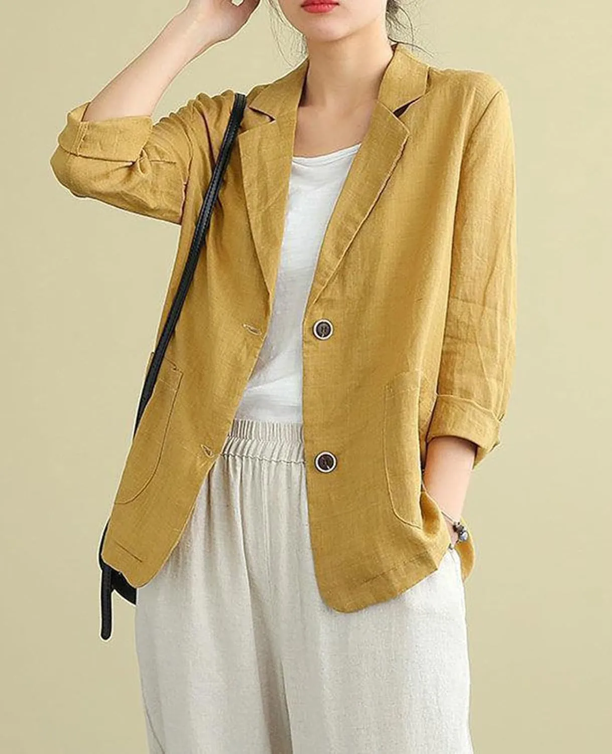 Womens Linen Blazer 3/4 Sleeve Notch Lapel Summer Casual Blazers Jackets with Pockets