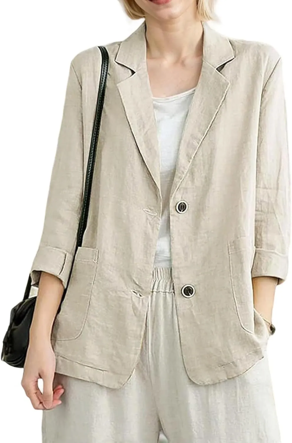 Womens Linen Blazer 3/4 Sleeve Notch Lapel Summer Casual Blazers Jackets with Pockets