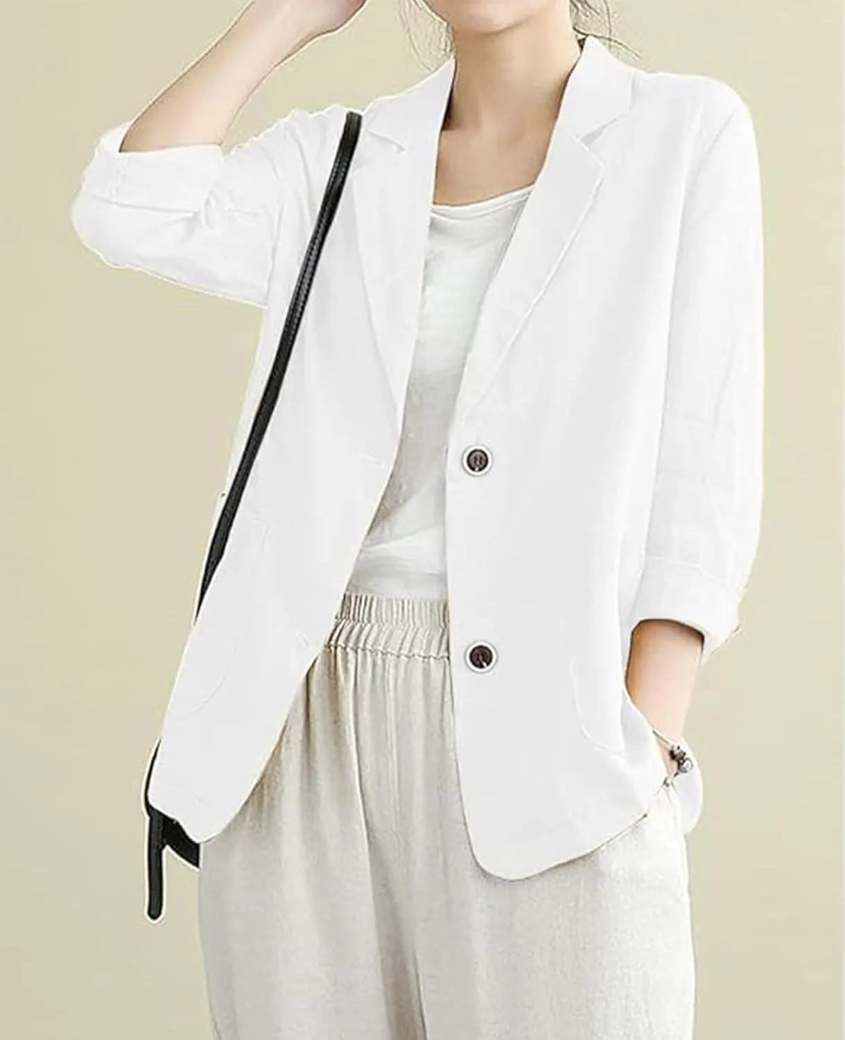 Womens Linen Blazer 3/4 Sleeve Notch Lapel Summer Casual Blazers Jackets with Pockets