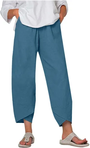 Women's Linen Capri Pants with Pockets Petite Summer Beachwear Lightweight Elastic Waist Pants Casual Tapered Trousers