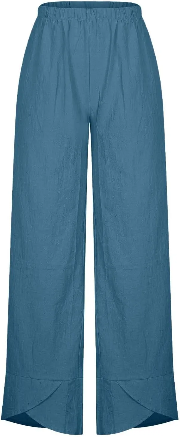 Women's Linen Capri Pants with Pockets Petite Summer Beachwear Lightweight Elastic Waist Pants Casual Tapered Trousers