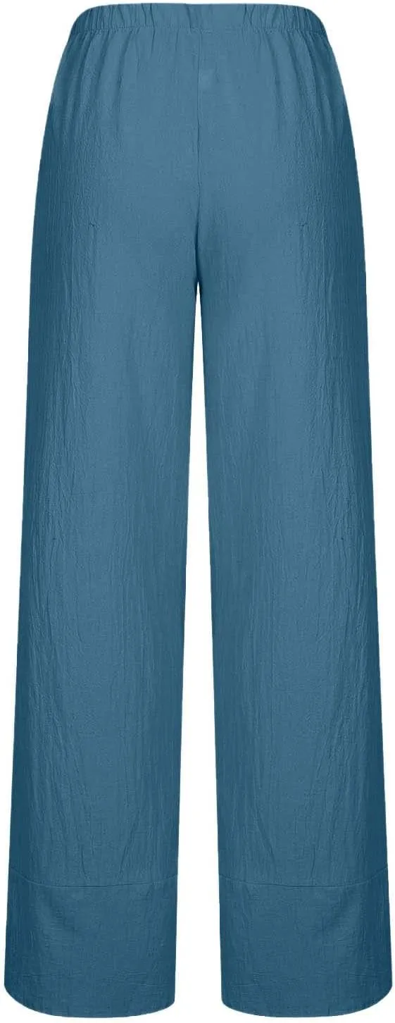 Women's Linen Capri Pants with Pockets Petite Summer Beachwear Lightweight Elastic Waist Pants Casual Tapered Trousers