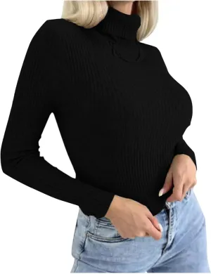 Womens Long Sleeve Turtleneck Rib Knit Slim Fit Shirts Basic Tee Plain Casual T-Shirt Going Out Tops Spring Outfits