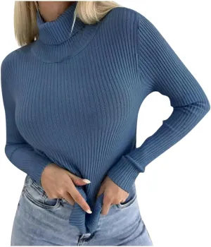 Womens Long Sleeve Turtleneck Rib Knit Slim Fit Shirts Basic Tee Plain Casual T-Shirt Going Out Tops Spring Outfits