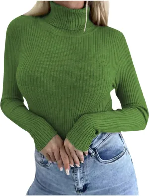 Womens Long Sleeve Turtleneck Rib Knit Slim Fit Shirts Basic Tee Plain Casual T-Shirt Going Out Tops Spring Outfits