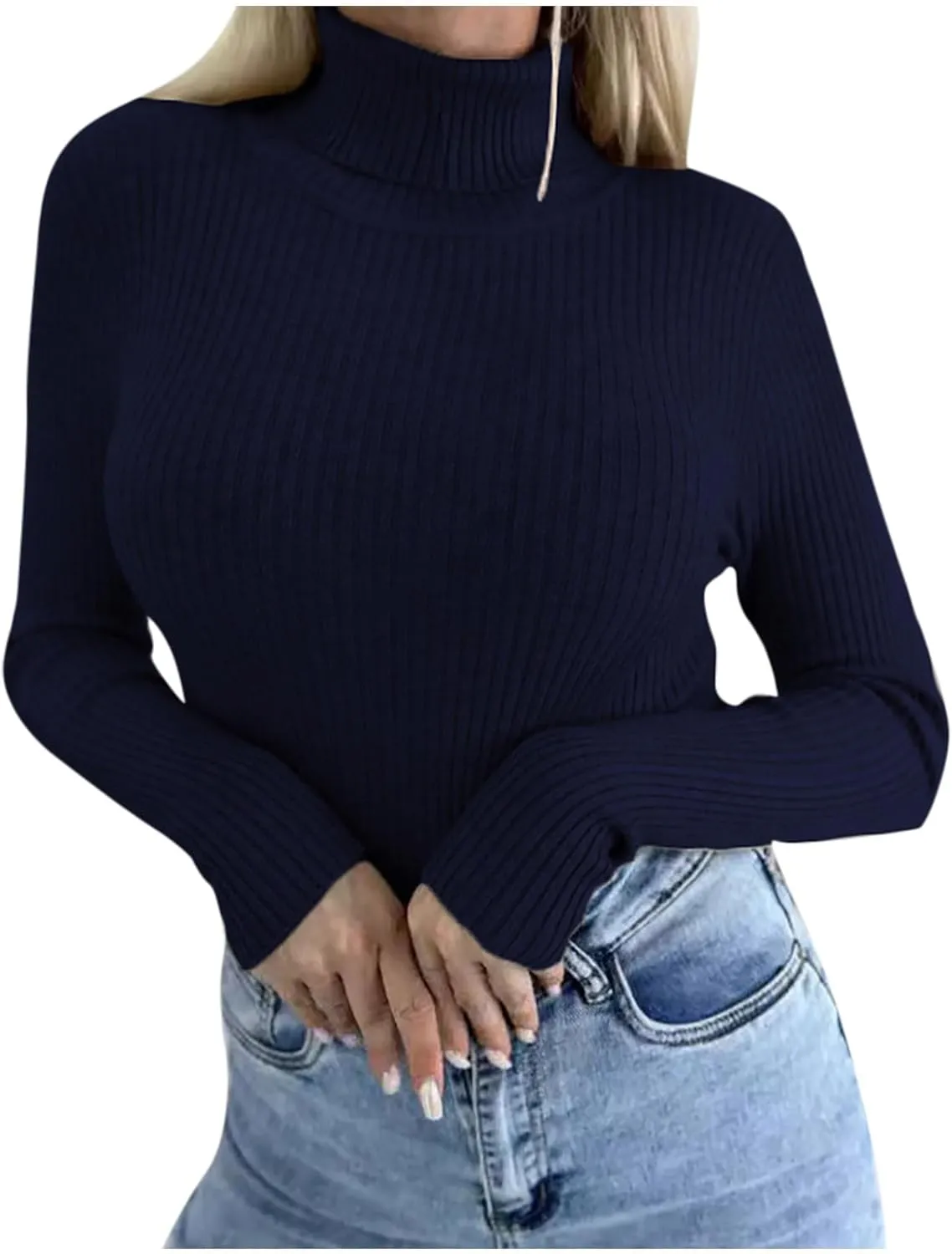 Womens Long Sleeve Turtleneck Rib Knit Slim Fit Shirts Basic Tee Plain Casual T-Shirt Going Out Tops Spring Outfits
