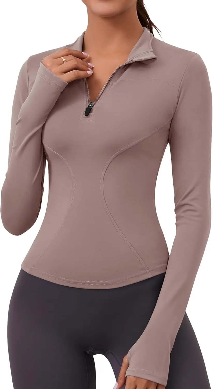Womens Long Sleeve Workout Crop Tops Quick Dry Golf Shirt Quarter Zip Pullover Yoga Athletic Slim Fit Shirts(Brown Gray,Large)