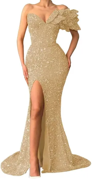 Women's One Shoulder Prom Dresses Mermaid Bodycon Long Formal Sparkly Evening Wedding Party Ball Gown