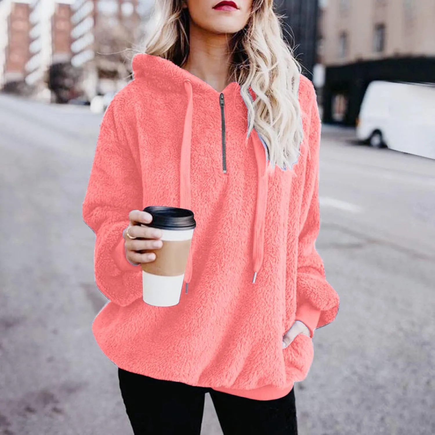 Womens Oversized Fuzzy Hoodie Winter Warm Sherpa Fleece Hooded Sweatshirts Cozy Zipper Fluffy Coat With Pockets