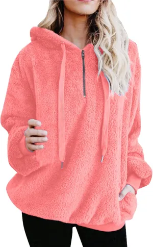 Womens Oversized Fuzzy Hoodie Winter Warm Sherpa Fleece Hooded Sweatshirts Cozy Zipper Fluffy Coat With Pockets