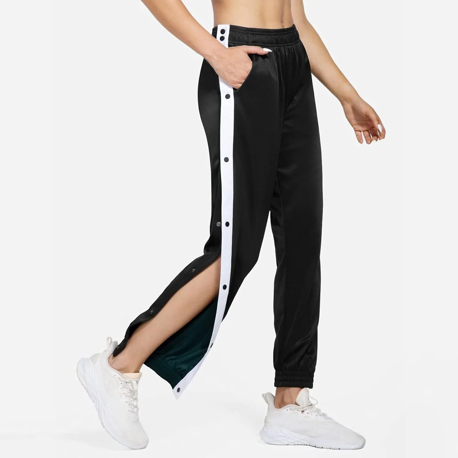 Women's Pants Side Split Snap Button Joggers Tear-Away Warm Up Sweatpants Elastic Cinch Bottom Active Workout Trousers