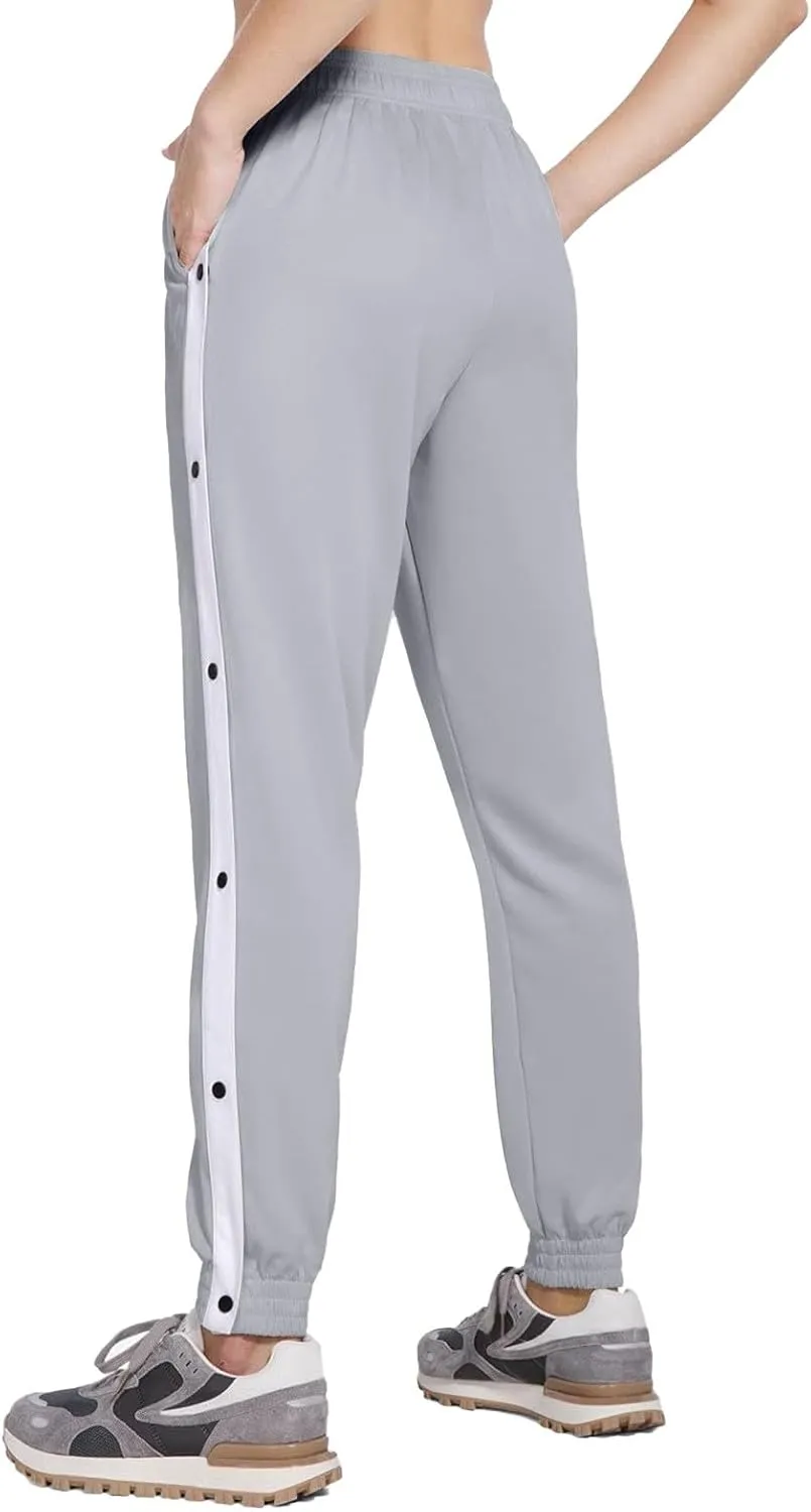 Women's Pants Side Split Snap Button Joggers Tear-Away Warm Up Sweatpants Elastic Cinch Bottom Active Workout Trousers