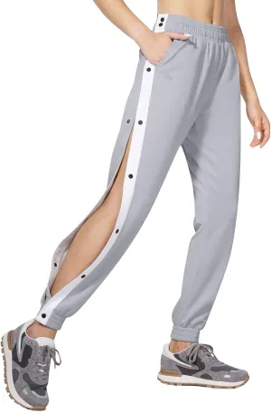 Women's Pants Side Split Snap Button Joggers Tear-Away Warm Up Sweatpants Elastic Cinch Bottom Active Workout Trousers
