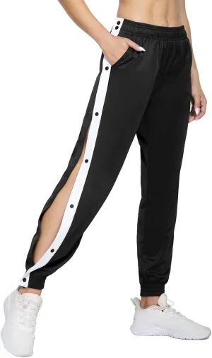 Women's Pants Side Split Snap Button Joggers Tear-Away Warm Up Sweatpants Elastic Cinch Bottom Active Workout Trousers