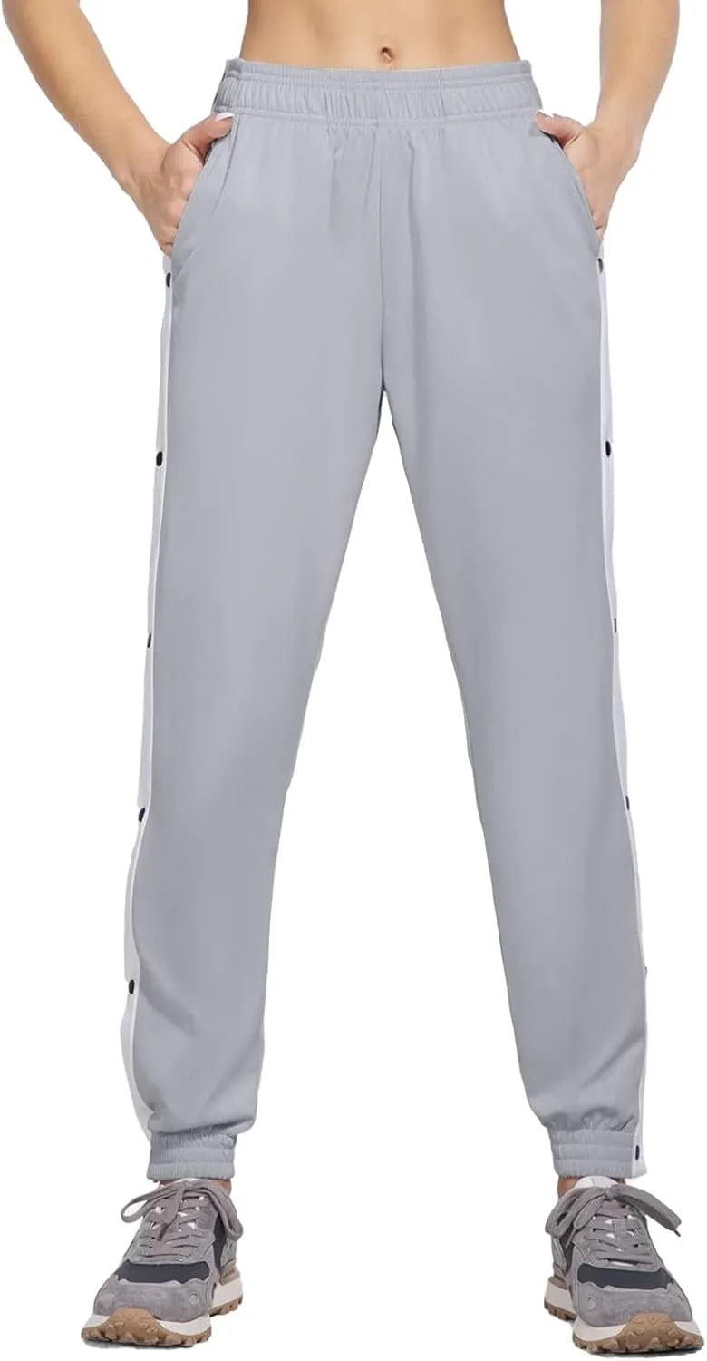 Women's Pants Side Split Snap Button Joggers Tear-Away Warm Up Sweatpants Elastic Cinch Bottom Active Workout Trousers